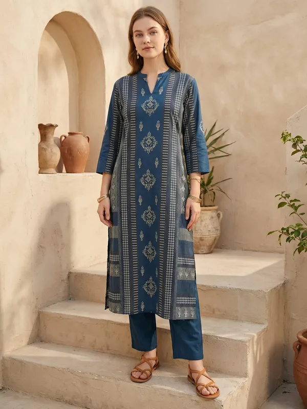Blue_Cotton_A-Line_Kurta_with_Trousers