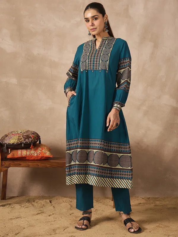 Blue_Printed_Pure_Cotton_Kurta_Trouser_Set