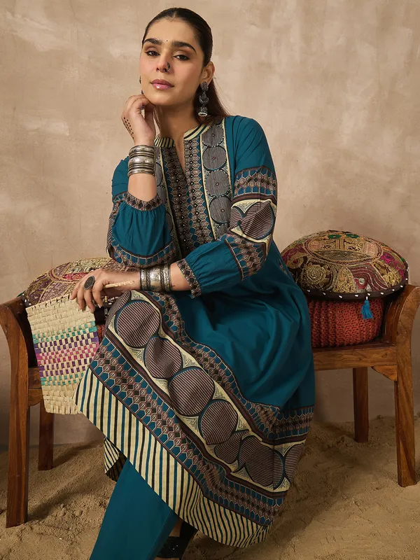 Blue_Printed_Pure_Cotton_Kurta_Trouser_Set