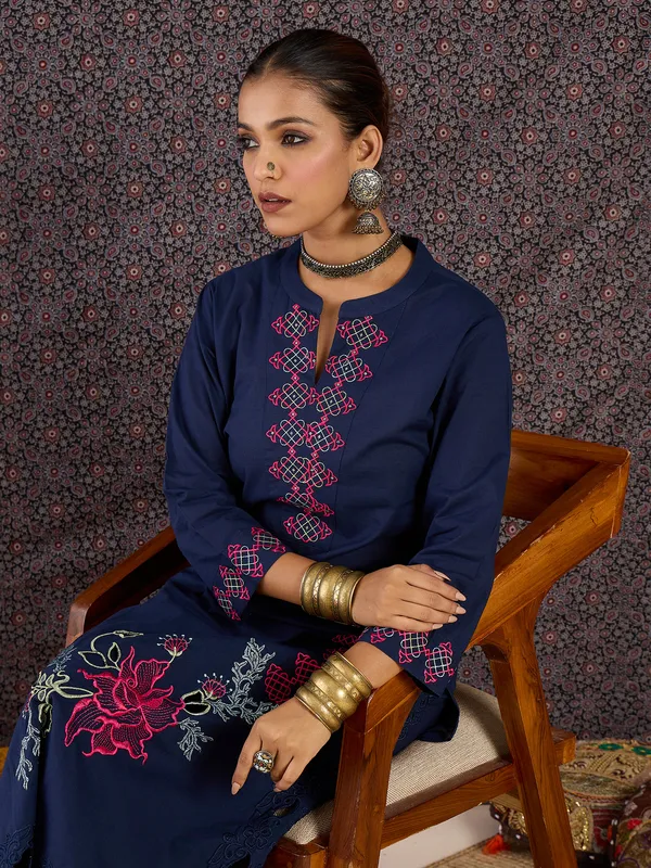 Blue_Embroidered_Pure_Cotton_Kurta_Trouser_Set
