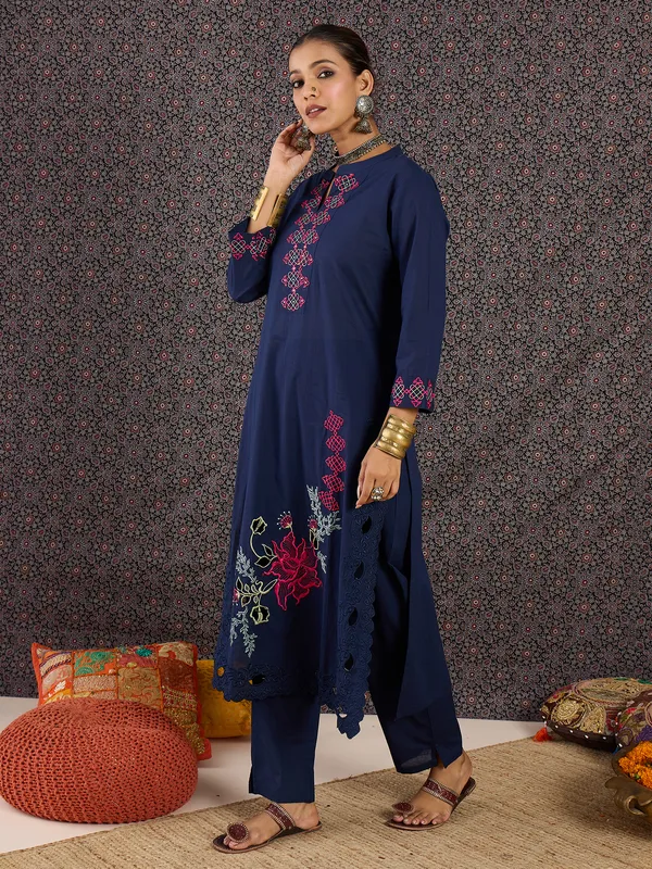 Blue_Embroidered_Pure_Cotton_Kurta_Trouser_Set