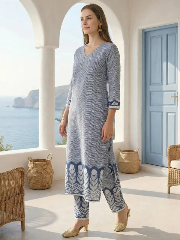 Blue_Printed_Pure_Cotton_Kurta_Trouser_Set