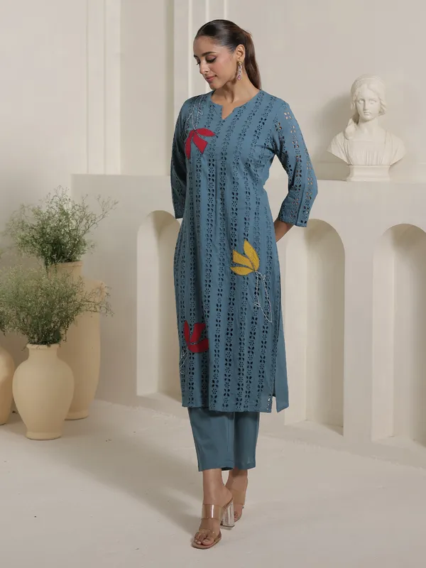Blue_Embroidered_Pure_Cotton_Kurta_Trouser_Set