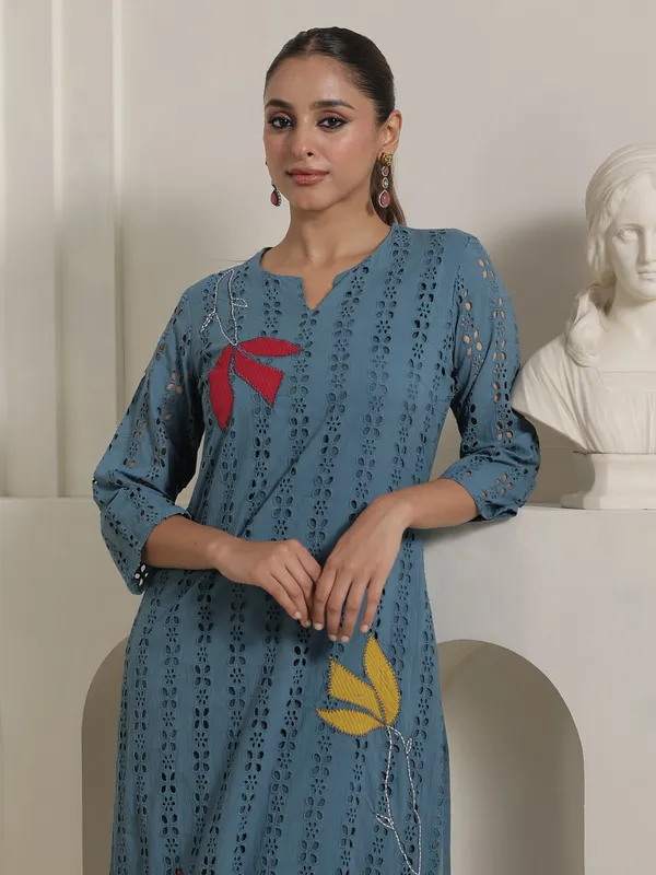 Blue_Embroidered_Pure_Cotton_Kurta_Trouser_Set