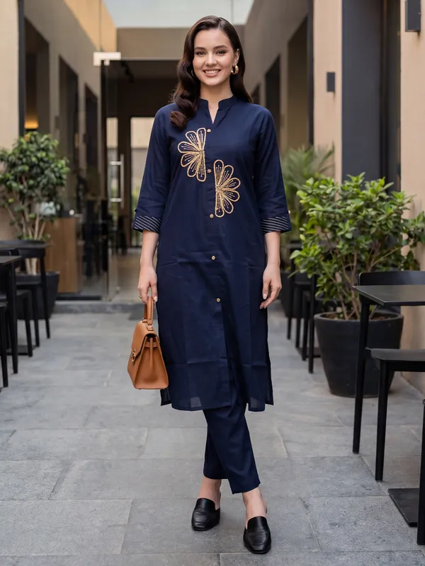 Blue_Embroidered_Pure_Cotton_Kurta_Trouser_Set