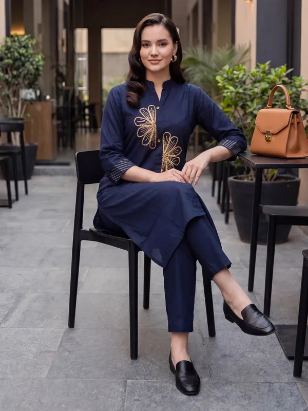 Blue_Embroidered_Pure_Cotton_Kurta_Trouser_Set