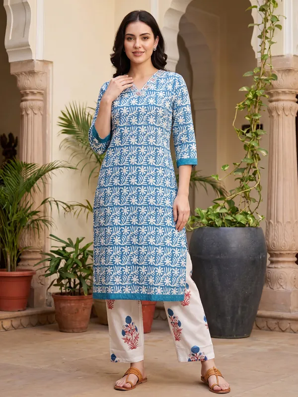 Blue_Printed_Pure_Cotton_Kurta_Trouser_Set