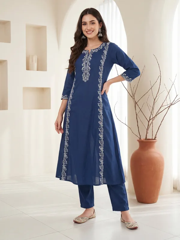 Blue_Embroidered_Pure_Cotton_Kurta_Trouser_Set