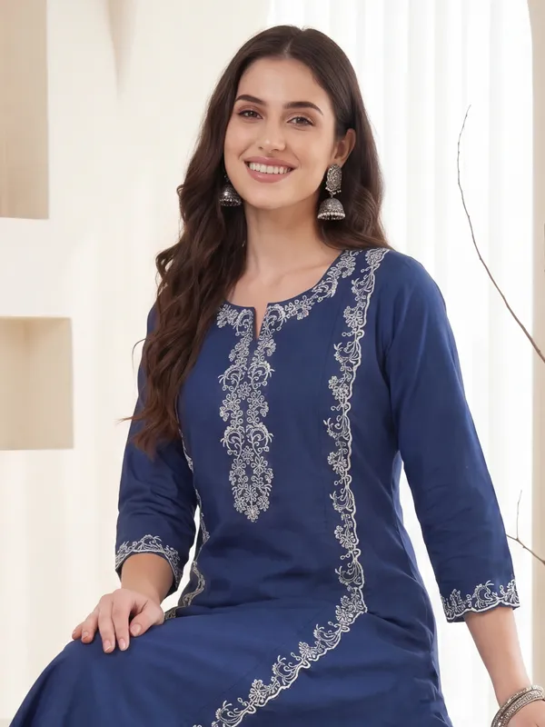 Blue_Embroidered_Pure_Cotton_Kurta_Trouser_Set
