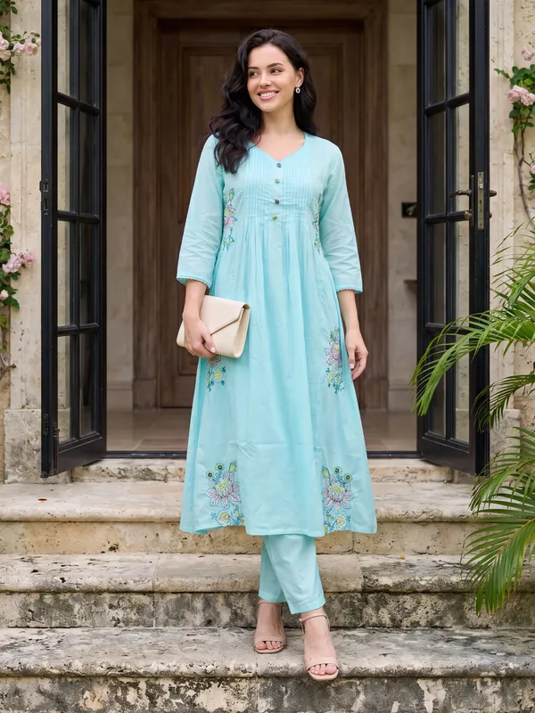 Blue_Embroidered_Pure_Cotton_Kurta_Trouser_Dupatta_Set