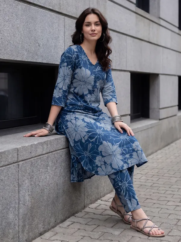 Blue_Printed_Pure_Cotton_Kurta_Trouser_Set