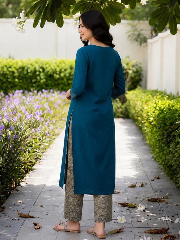 Blue_Embroidered_Pure_Cotton_Kurta_Trouser_Set