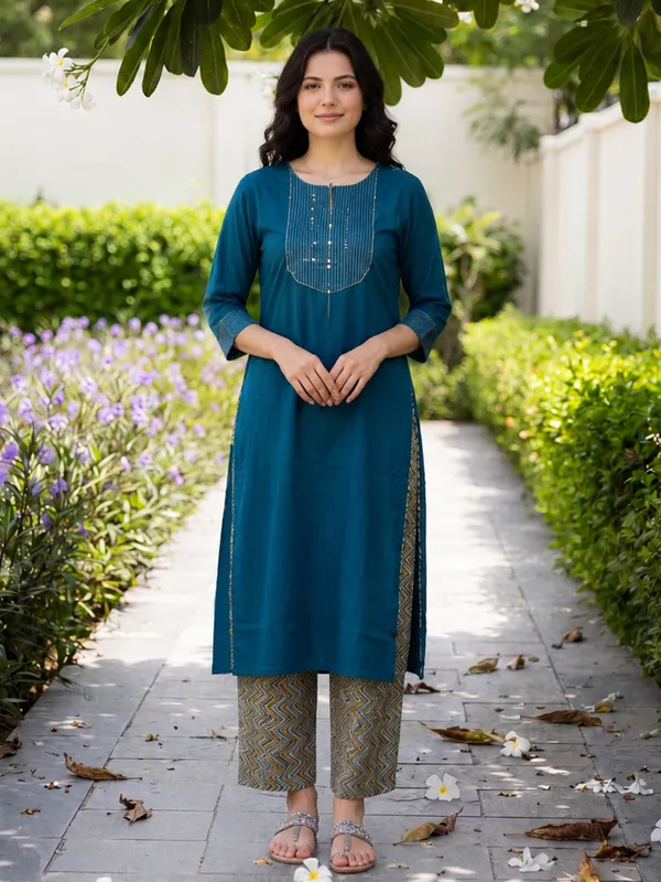 Blue_Embroidered_Pure_Cotton_Kurta_Trouser_Set