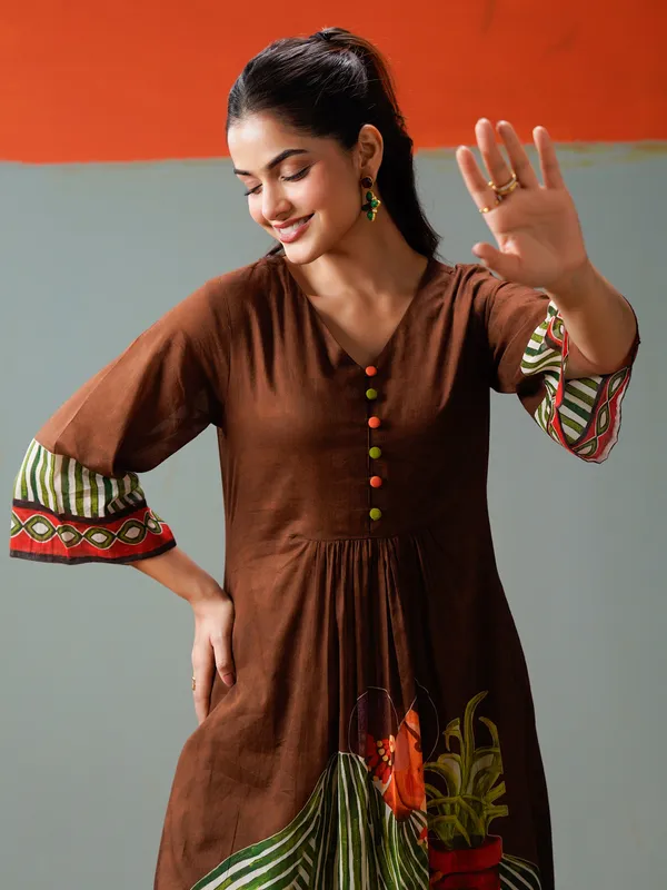 Brown_Printed_Pure_Cotton_Kurta_Trouser_Set