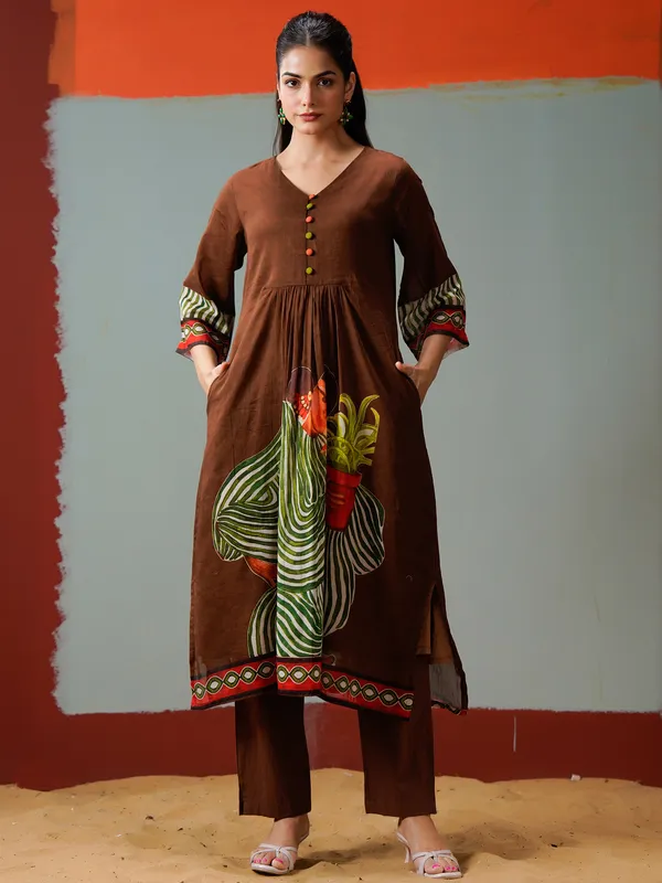 Brown_Printed_Pure_Cotton_Kurta_Trouser_Set