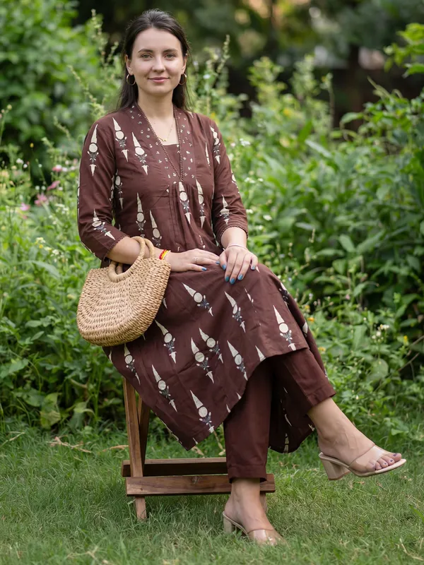 Brown_Printed_Pure_Cotton_Kurta_Trouser_Set