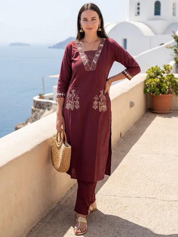 Brown_Embroidered_Pure_Cotton_Kurta_Trouser_Set