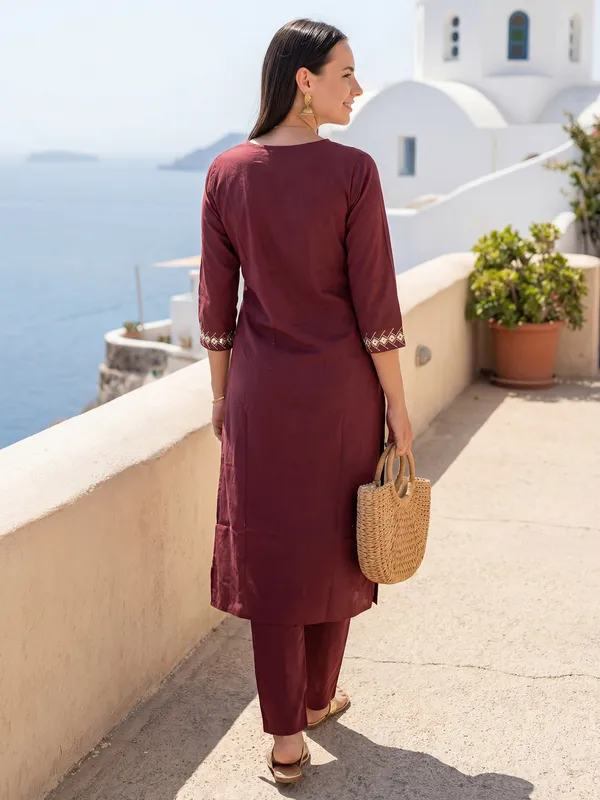Brown_Embroidered_Pure_Cotton_Kurta_Trouser_Set