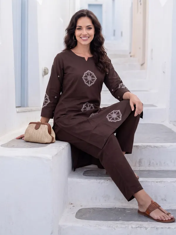 Brown_Printed_Pure_Cotton_Kurta_Trouser_Set