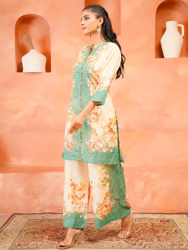 Cream_Printed_Pure_Cotton_Kurta_Trouser_Set