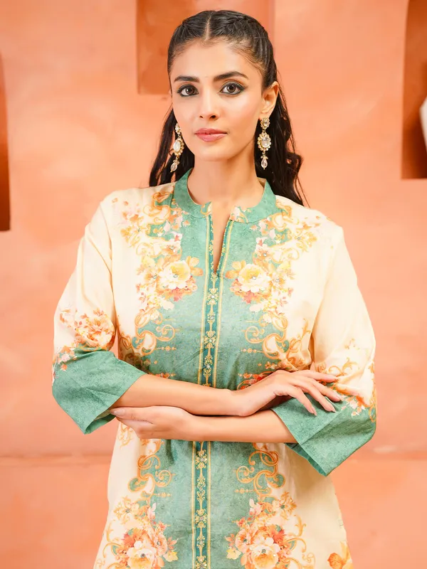 Cream_Printed_Pure_Cotton_Kurta_Trouser_Set