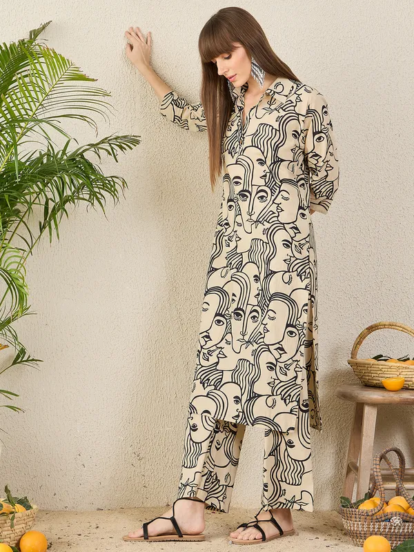 Cream_Printed_Pure_Cotton_Kurta_Trouser_Set