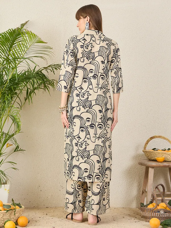 Cream_Printed_Pure_Cotton_Kurta_Trouser_Set