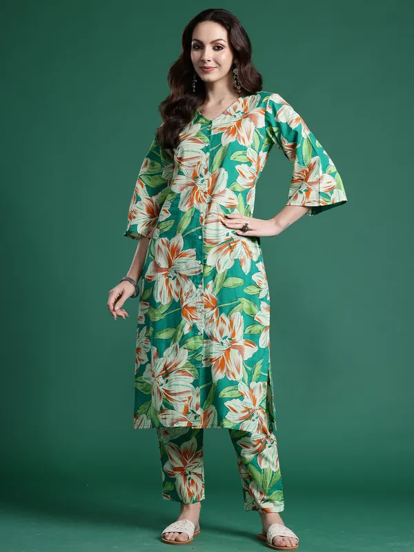 Green_Printed_Pure_Cotton_Kurta_Trouser_Set
