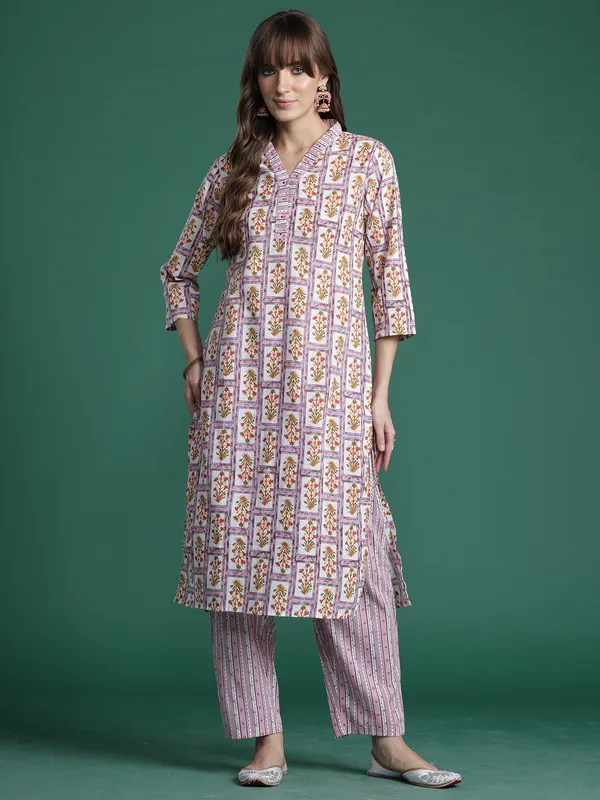 Lavender_Printed_Pure_Cotton_Kurta_Trouser_Set