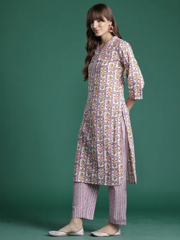 Lavender_Printed_Pure_Cotton_Kurta_Trouser_Set