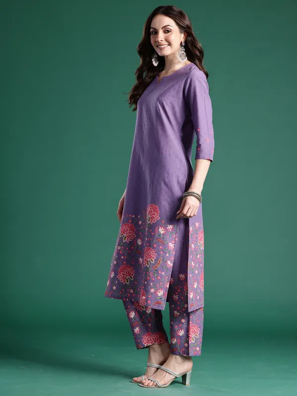 Lavender_Printed_Pure_Cotton_Kurta_Trouser_Set