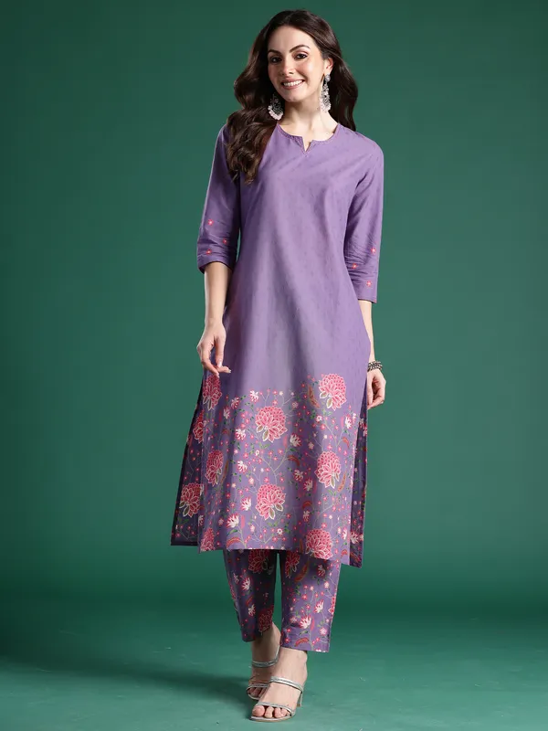 Lavender_Printed_Pure_Cotton_Kurta_Trouser_Set