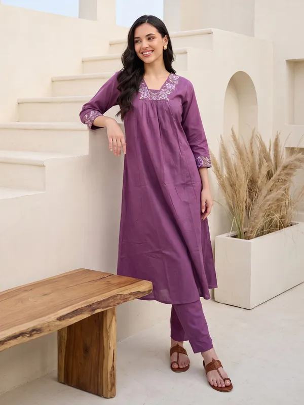 Lavender_Embroidered_Pure_Cotton_Kurta_Trouser_Set
