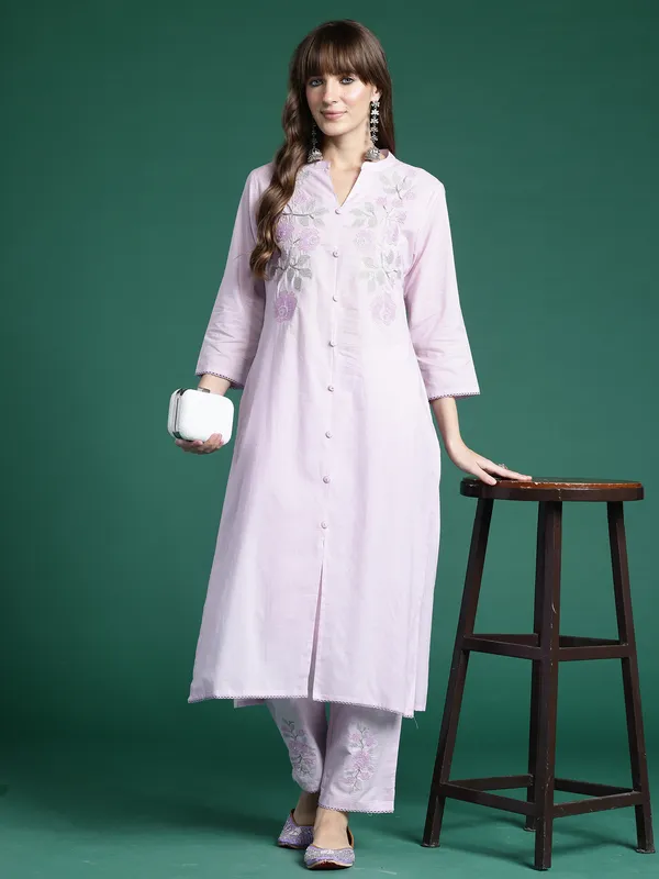 Lavender_Embroidered_Pure_Cotton_Kurta_Trouser_Set