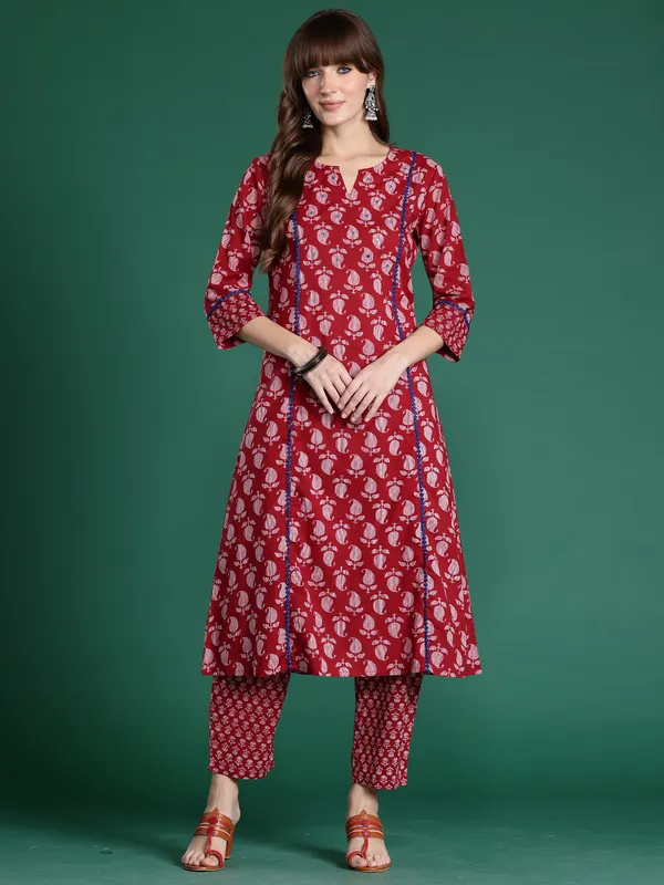 Maroon_Printed_Pure_Cotton_Kurta_Trouser_Set
