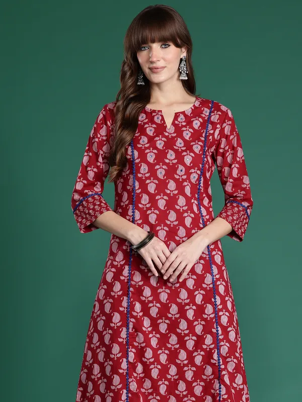 Maroon_Printed_Pure_Cotton_Kurta_Trouser_Set