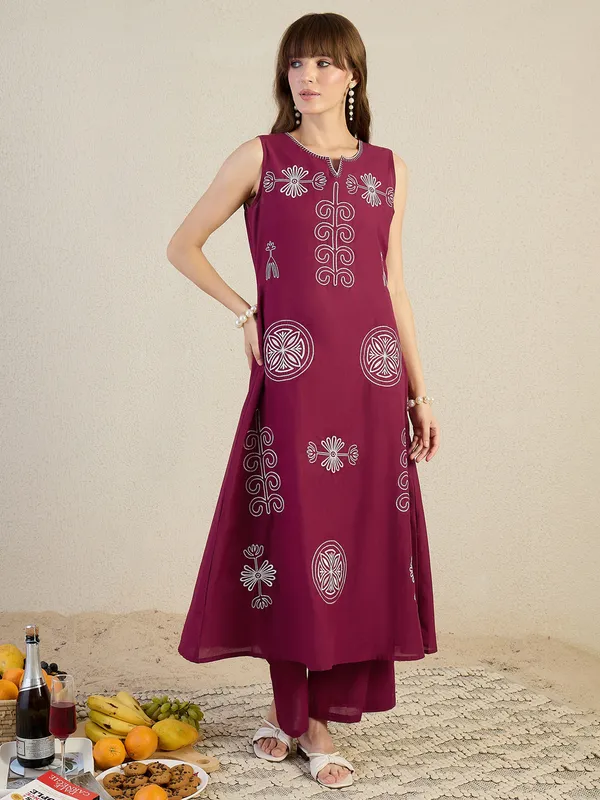 Maroon_Cotton_A-Line_Kurta_with_Palazzos