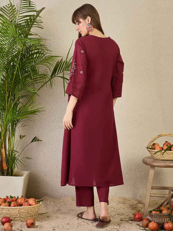 Maroon_Cotton_A-Line_Kurta_with_Trousers