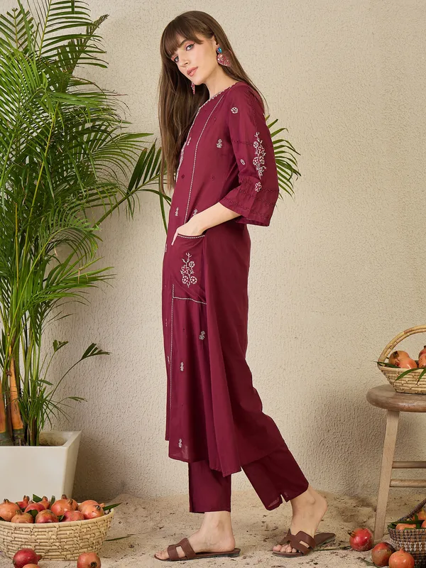 Maroon_Cotton_A-Line_Kurta_with_Trousers