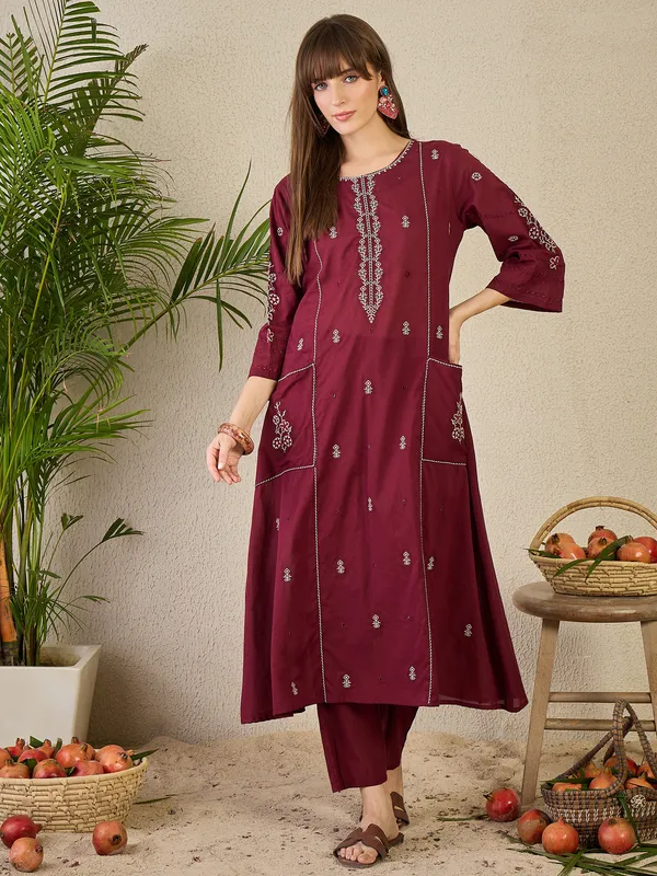 Maroon_Cotton_A-Line_Kurta_with_Trousers