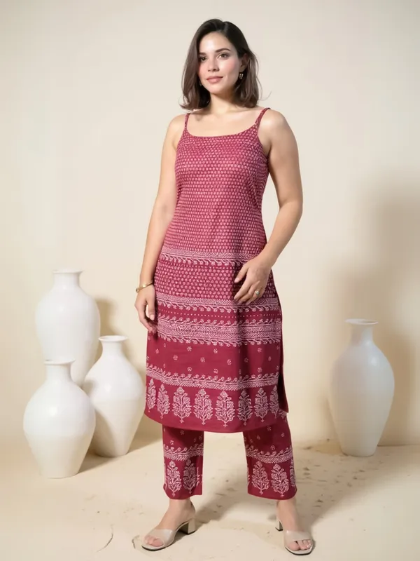 Maroon_Printed_Pure_Cotton_Kurta_Trouser_Set