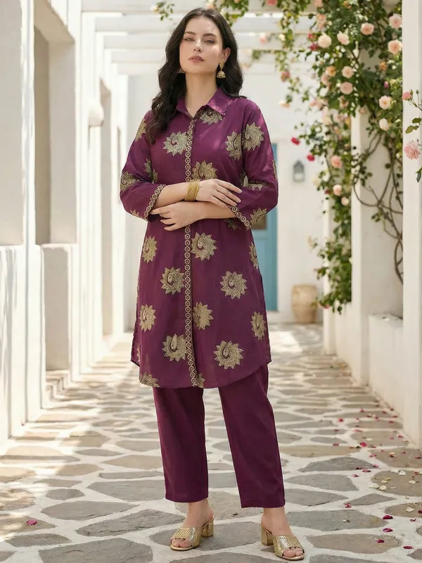 Wine_Printed_Pure_Cotton_Kurta_Trouser_Set