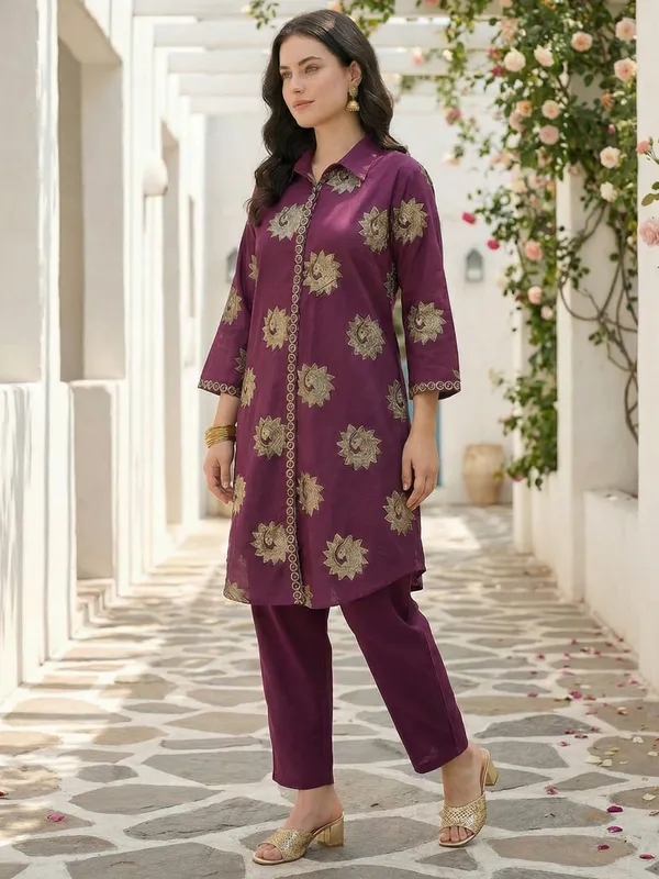 Wine_Printed_Pure_Cotton_Kurta_Trouser_Set