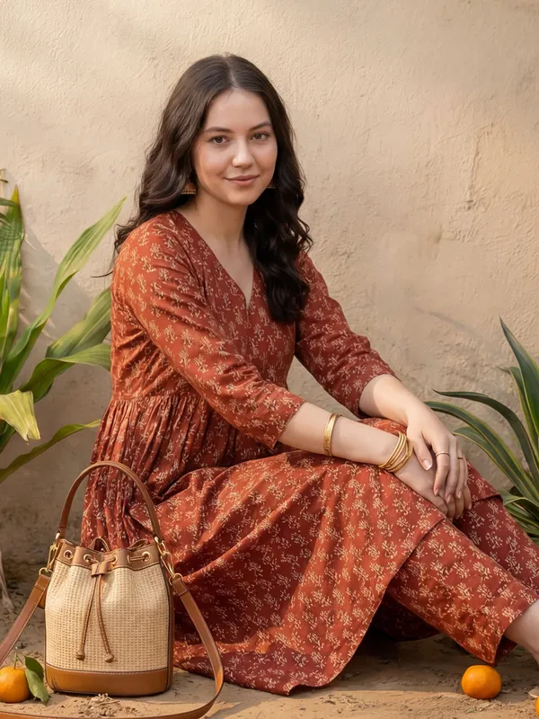 Maroon_Printed_Pure_Cotton_Kurta_Trouser_Set