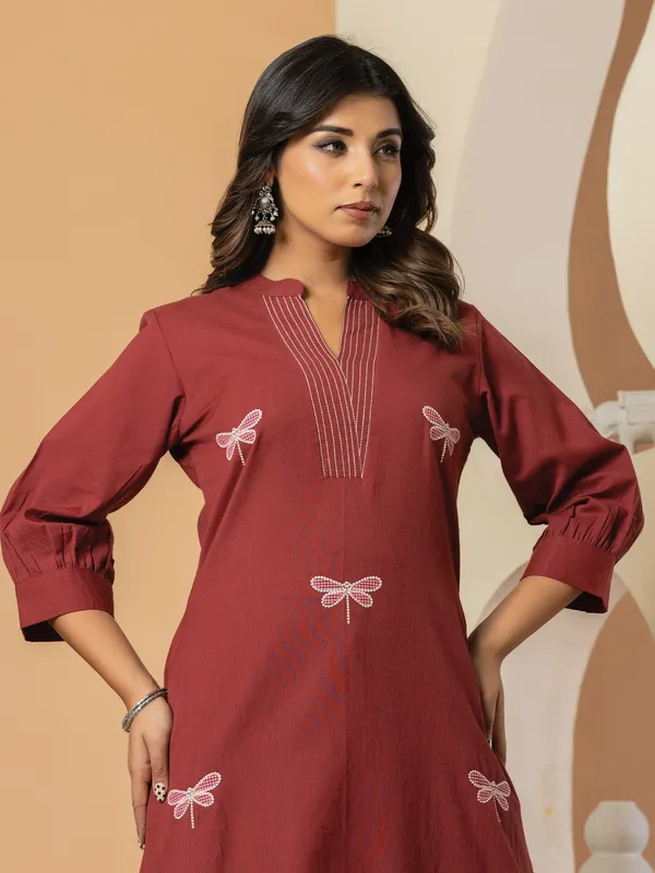Maroon_Embroidered_Pure_Cotton_Kurta_Trouser_Set