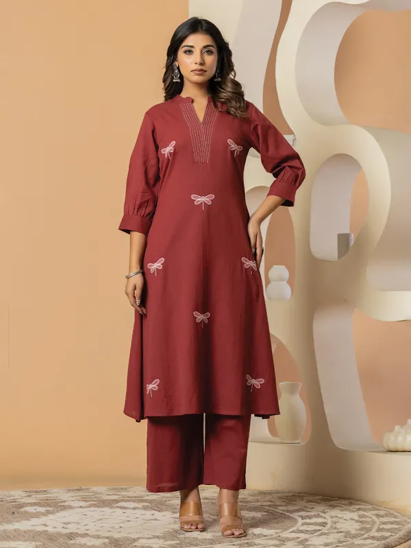 Maroon_Embroidered_Pure_Cotton_Kurta_Trouser_Set
