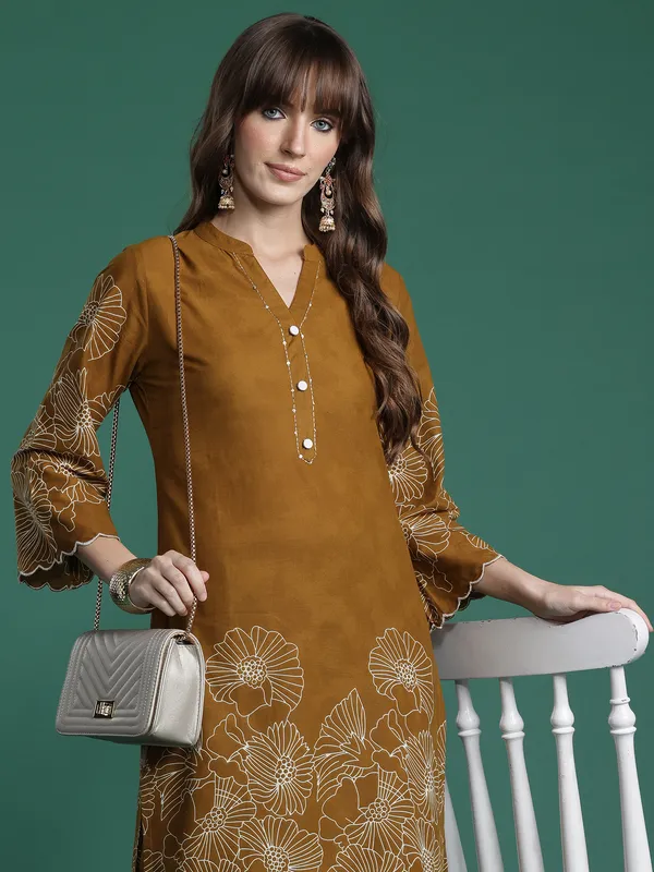 Mustard_Printed_Pure_Cotton_Kurta_Trouser_Set
