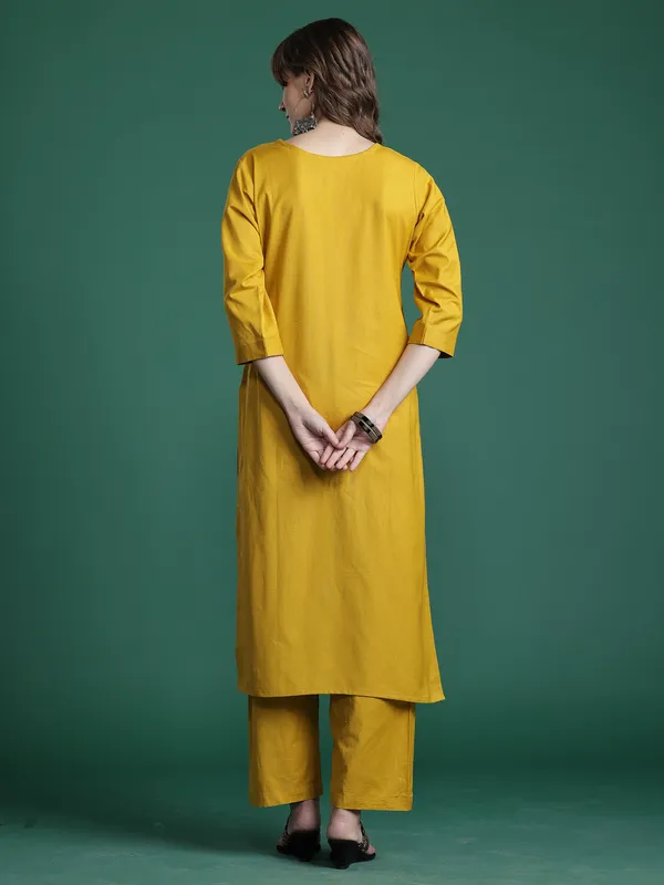Mustard_Embroidered_Pure_Cotton_Kurta_Trouser_Set