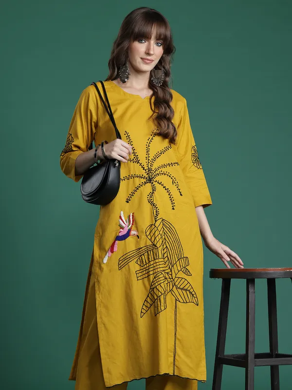Mustard_Embroidered_Pure_Cotton_Kurta_Trouser_Set