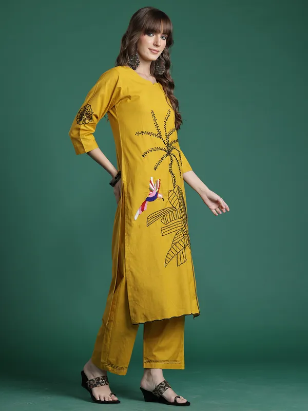 Mustard_Embroidered_Pure_Cotton_Kurta_Trouser_Set